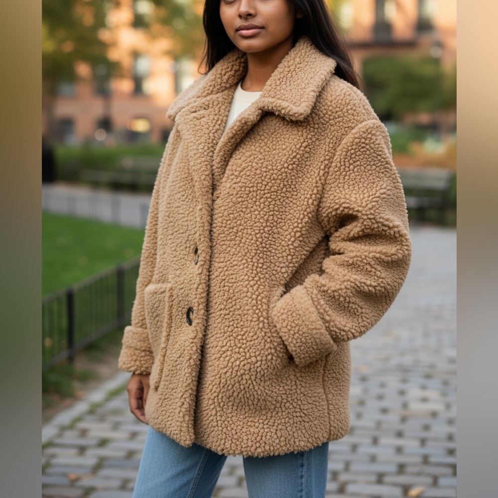 Free People Teddy Faux Shearling Sherpa Peacoat in Camel Women’s size Large